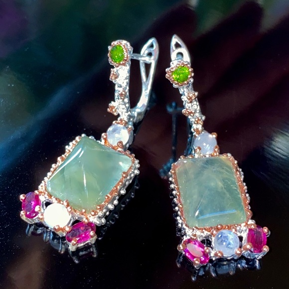 Elegant Genuine Prehnite Sterling Silver Earrings - Picture 3 of 17